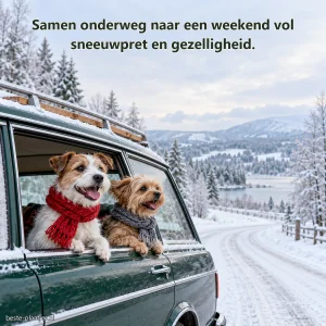 Twee kleine honden kijken uit een groene stationwagen langs een besneeuwde weg.