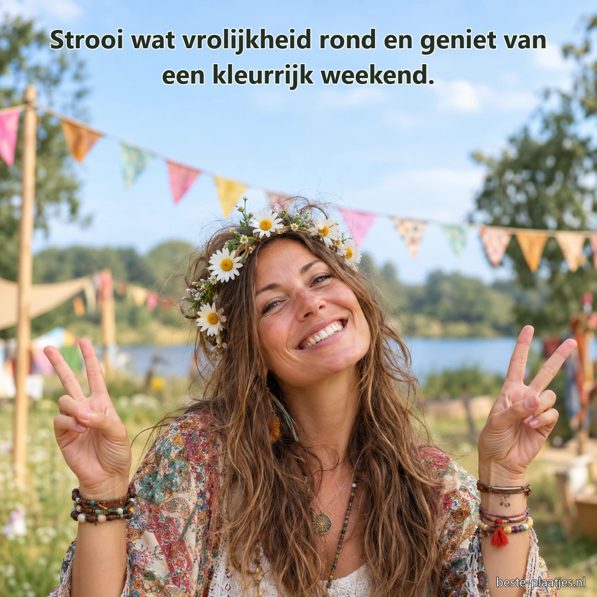 Een lachende vrouw met een bloemenkrans maakt vredestekens op een zomerfeest.