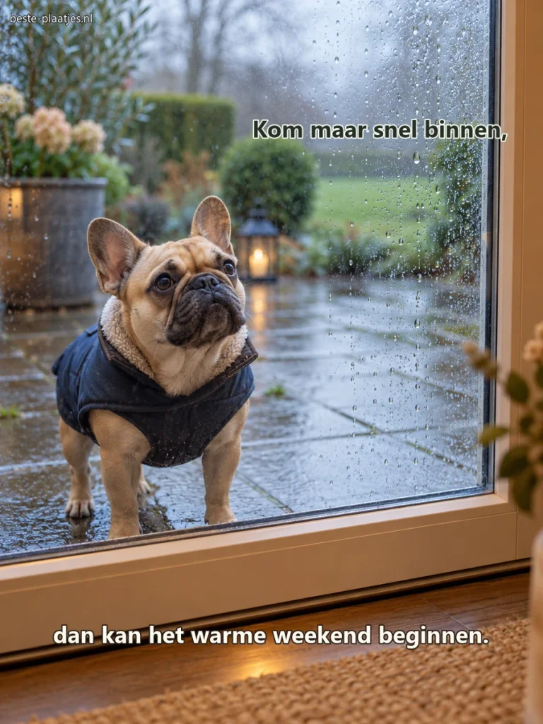 Een kleine buldog wacht in zijn jas voor een door regen bespatte tuindeur.