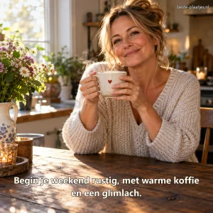 Een vrouw geniet met een glimlach van warme koffie aan de keukentafel.