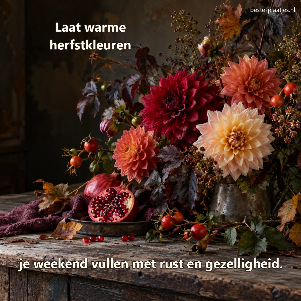 Dahlia's, rozenbottels en een open granaatappel vormen een donker herfststuk. Dahlia's, rozenbottels en een open granaatappel vormen een donker herfststuk.