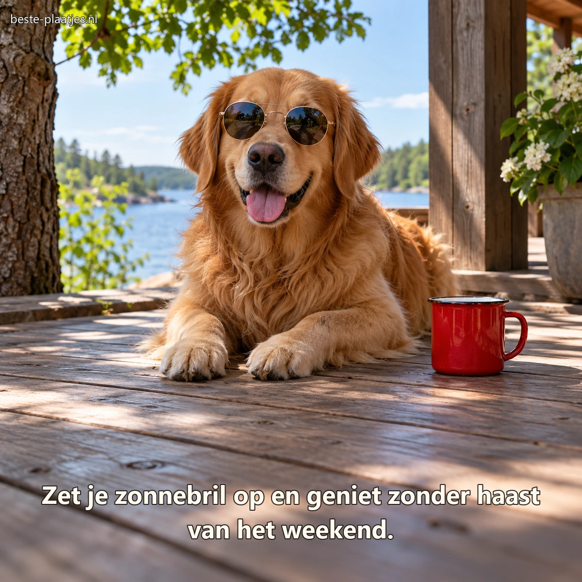Een golden retriever rust met een zonnebril naast een rode mok op het terras. Een golden retriever rust met een zonnebril naast een rode mok op het terras.