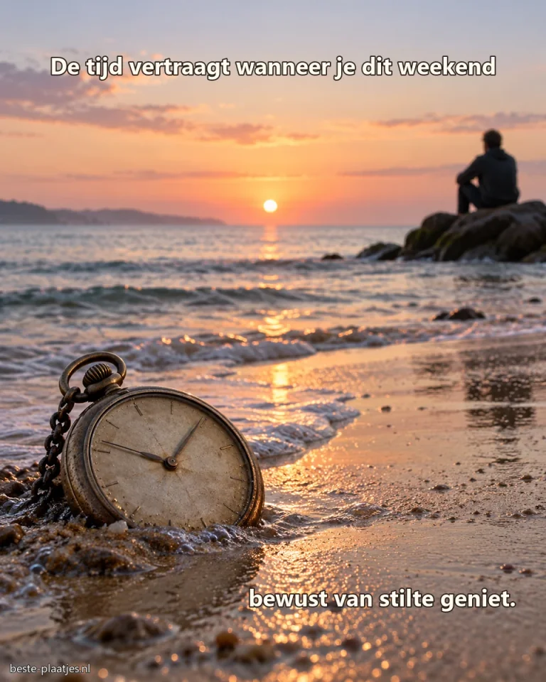 Een verweerd zakhorloge ligt in het zand terwijl iemand naar zee kijkt.