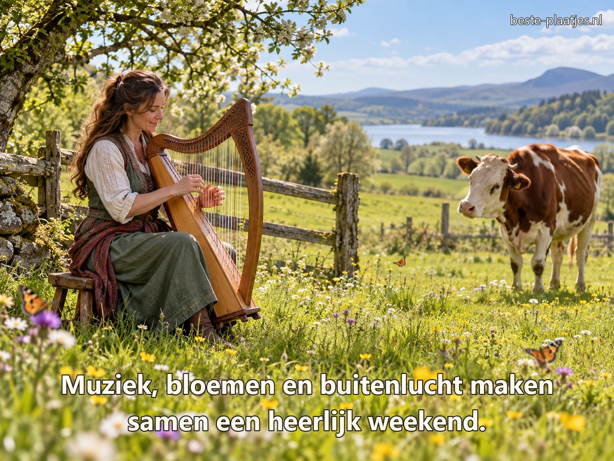 Een muzikante speelt harp in een bloemenweide terwijl een koe nieuwsgierig toekijkt. Een muzikante speelt harp in een bloemenweide terwijl een koe nieuwsgierig toekijkt.