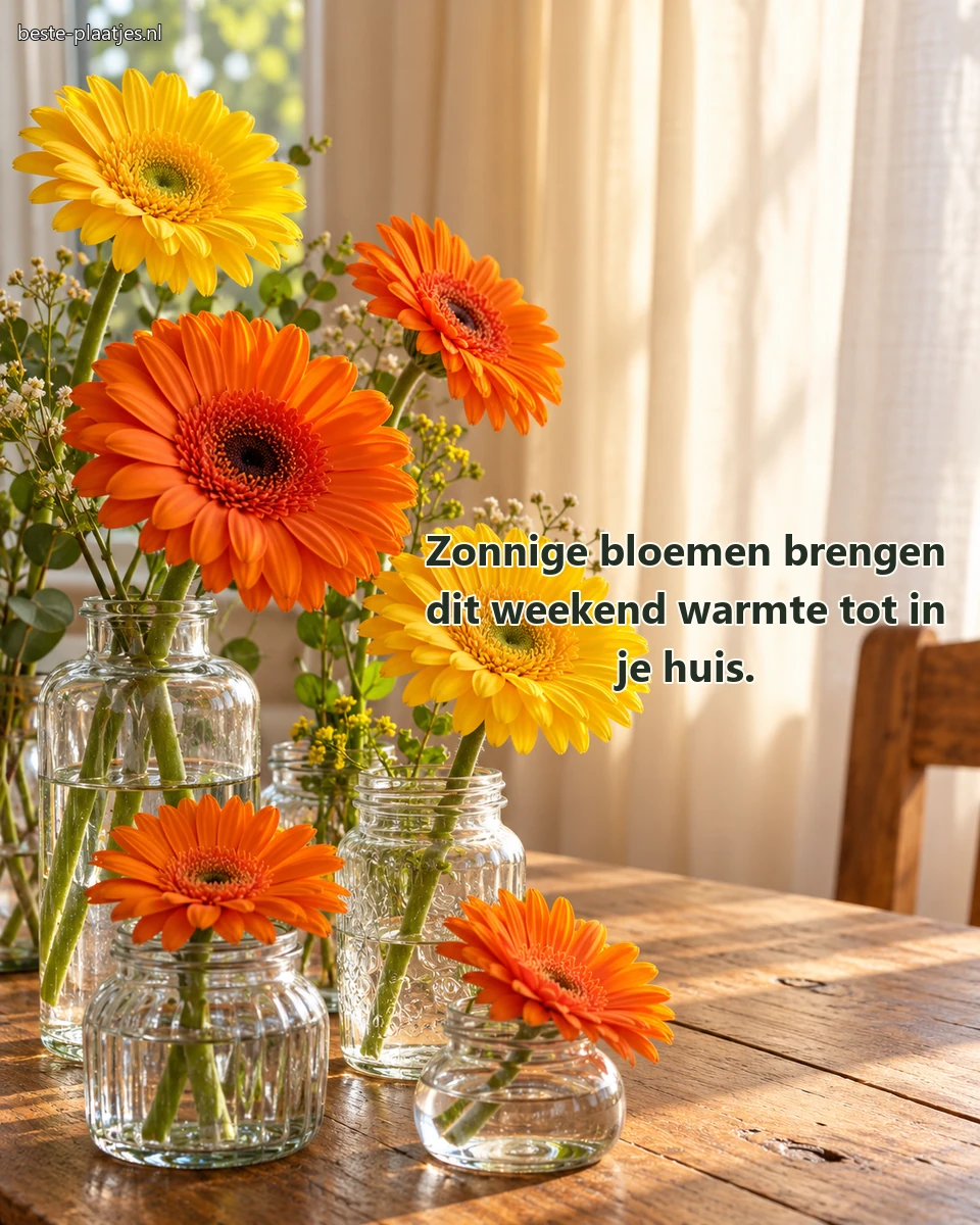 Oranje en gele gerbera's staan in losse glazen potjes op tafel.