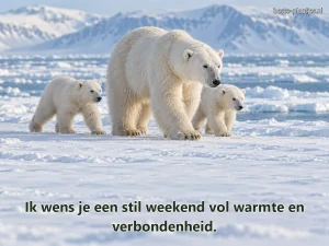 Een ijsbeermoeder loopt met twee welpen over uitgestrekt zee-ijs.