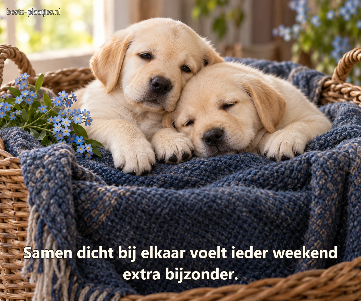 Twee labradorpups liggen dicht tegen elkaar in een mand met blauwe bloemen. Twee labradorpups liggen dicht tegen elkaar in een mand met blauwe bloemen.