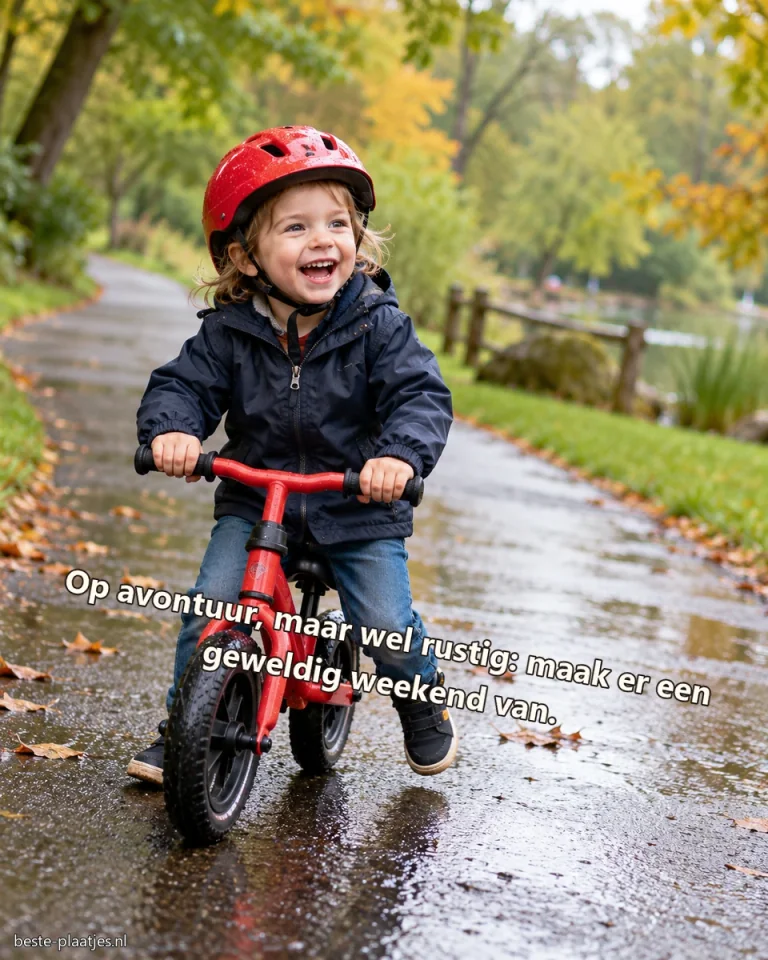Een lachend kind rijdt met helm op een loopfiets over een nat parkpad.