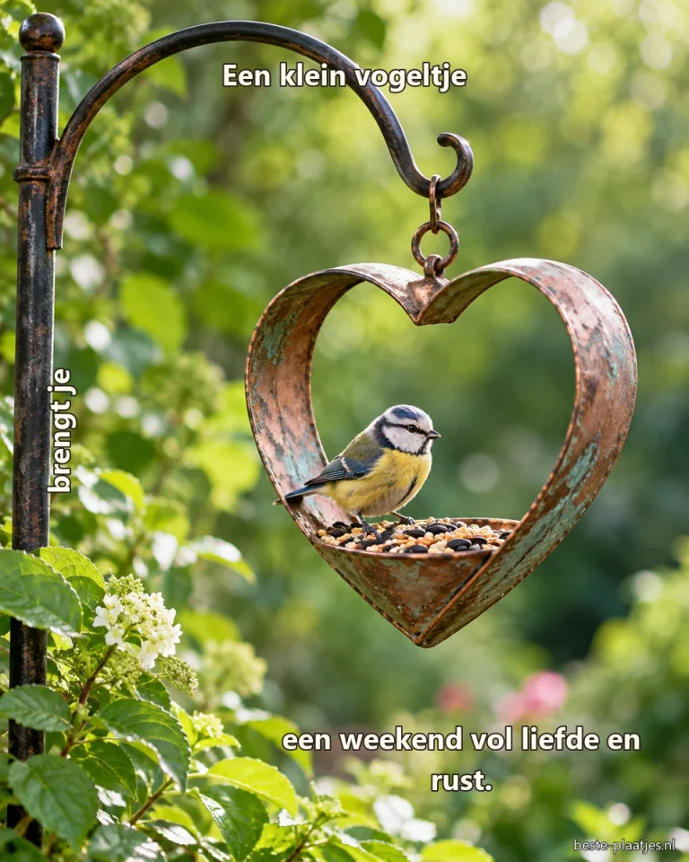 Een pimpelmees zit in een hartvormige koperen voederhanger tussen groen blad.