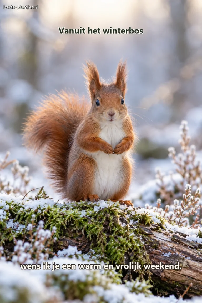 Een rode eekhoorn zit rechtop op een besneeuwde, bemoste boomstam.