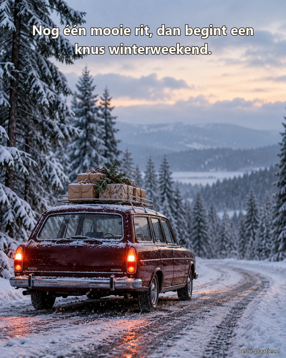 Een bordeauxrode stationwagen rijdt met ingepakte cadeaus door een winters bos.