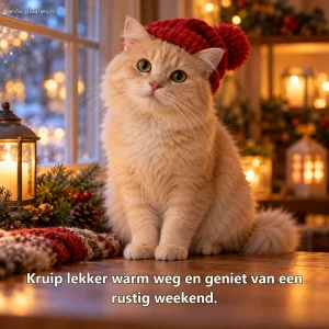 Een crèmekleurige kat draagt een losse rode wintermuts bij een warm raam.