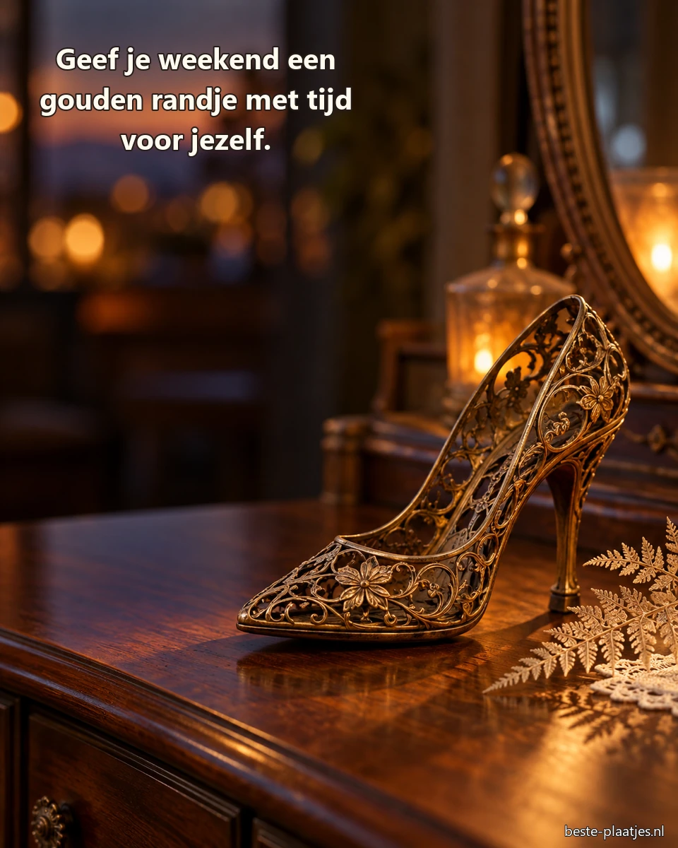 Een antieke messing schoen met filigraan staat op een houten kaptafel.