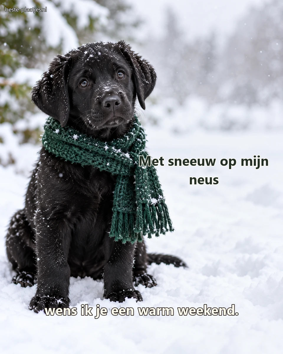 Een zwarte labradorpup met groene sjaal zit rustig in verse sneeuw.