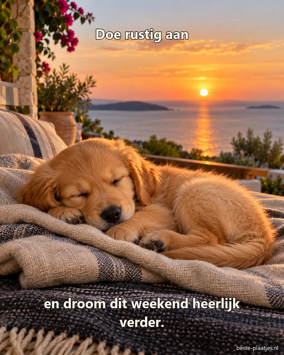 Een golden retrieverpup slaapt op linnen dekens met de zonsondergang boven zee.