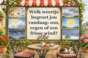 Geschilderde weertafereeltjes omlijsten een rustige cafétafel met een slapende kat.