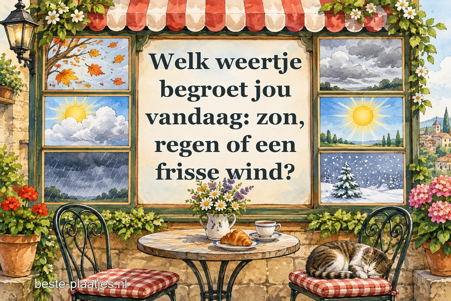 Geschilderde weertafereeltjes omlijsten een rustige cafétafel met een slapende kat. Geschilderde weertafereeltjes omlijsten een rustige cafétafel met een slapende kat.