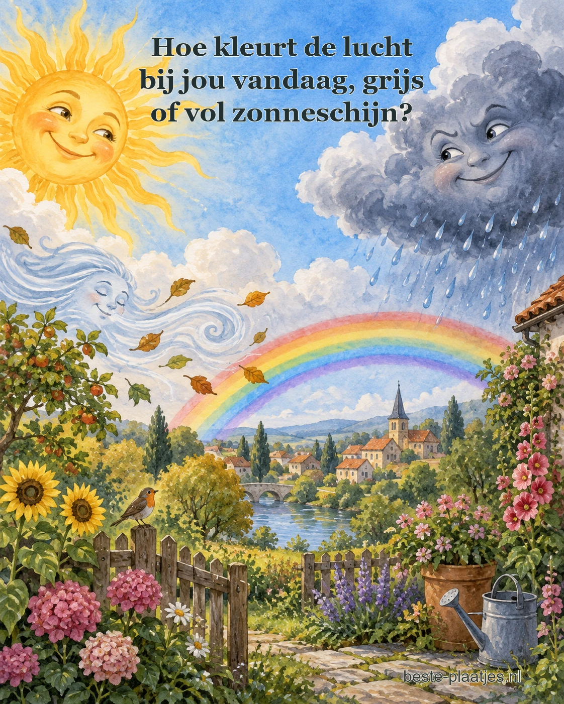 Een lachende zon en regenwolk kijken over een dorp met een regenboog. Een lachende zon en regenwolk kijken over een dorp met een regenboog.