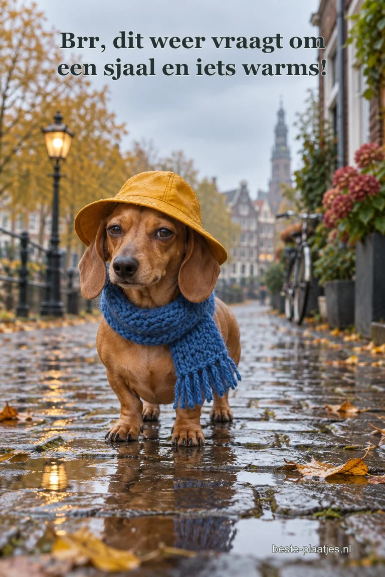 Een teckel met gele regenhoed en blauwe sjaal staat op natte keien.