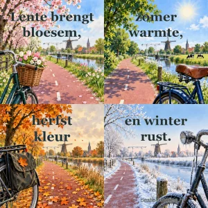 Hetzelfde Nederlandse fietspad verschijnt in vier verschillende seizoenen.
