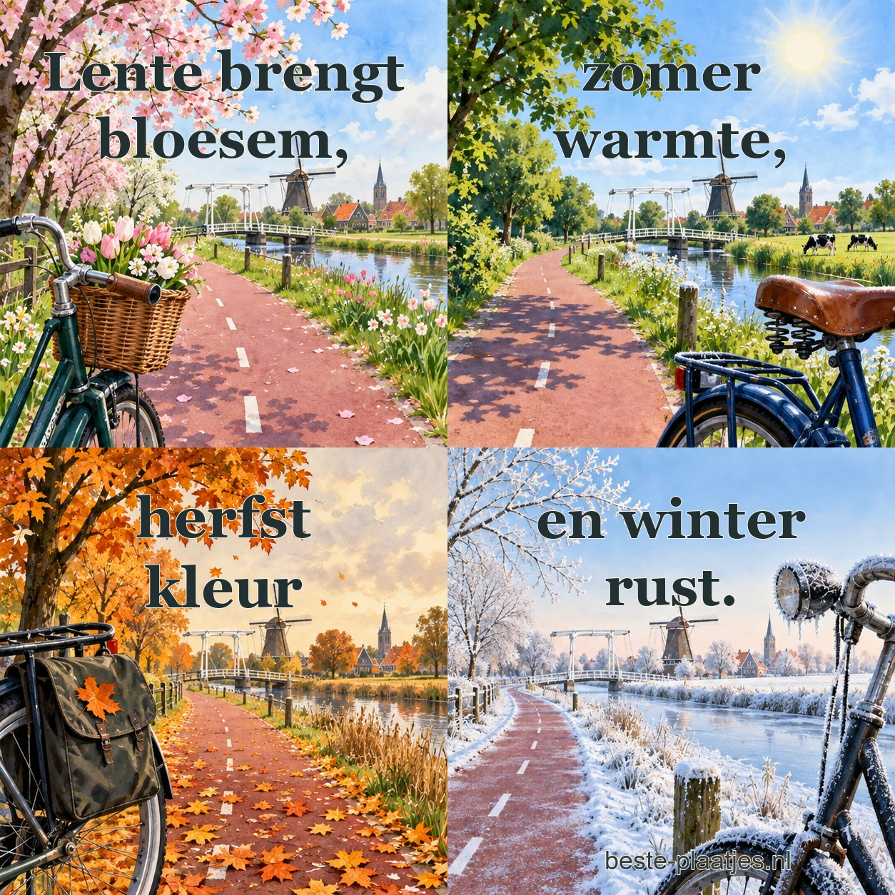 Hetzelfde Nederlandse fietspad verschijnt in vier verschillende seizoenen. Hetzelfde Nederlandse fietspad verschijnt in vier verschillende seizoenen.
