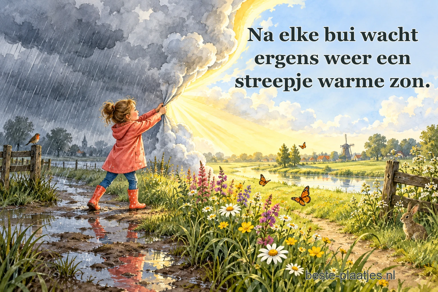 Een meisje trekt de regenwolken open boven een zonnige bloemenweide. Een meisje trekt de regenwolken open boven een zonnige bloemenweide.