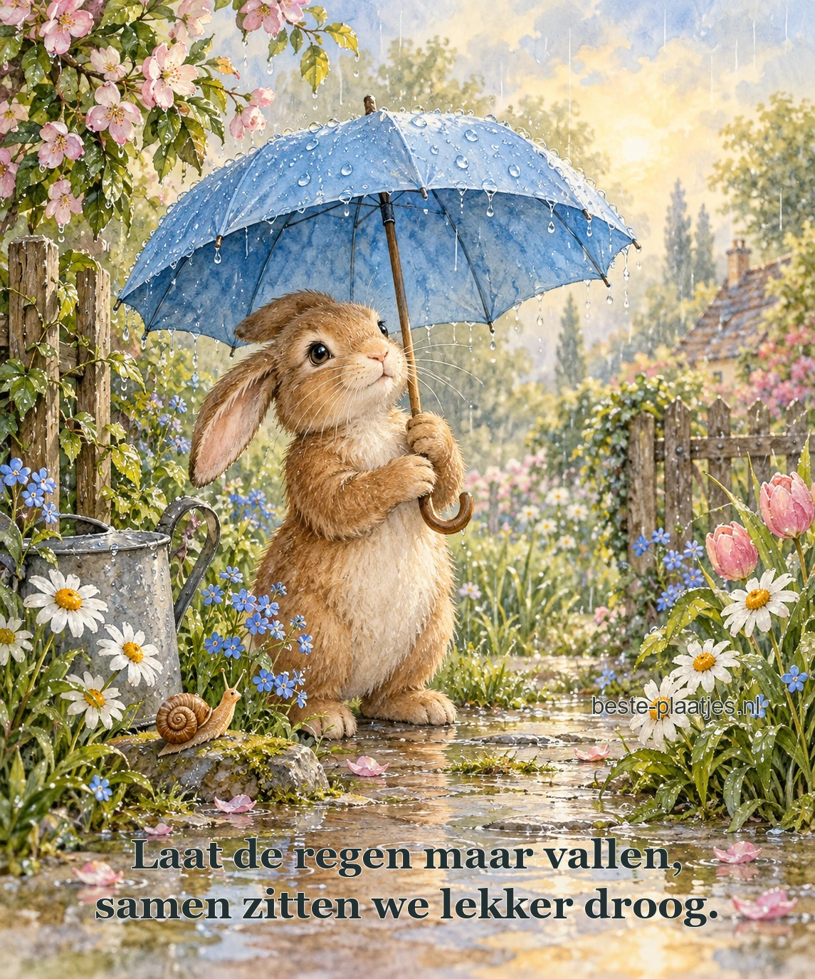 Een bruin konijn schuilt onder een blauwe paraplu tussen bloemen en slak. Een bruin konijn schuilt onder een blauwe paraplu tussen bloemen en slak.