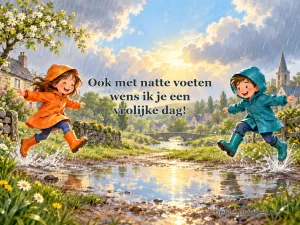 Twee kinderen in oranje en blauwe regenjassen springen over een plas.