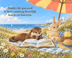 Een otter leest een boek terwijl een konijn limonade drinkt onder een parasol.