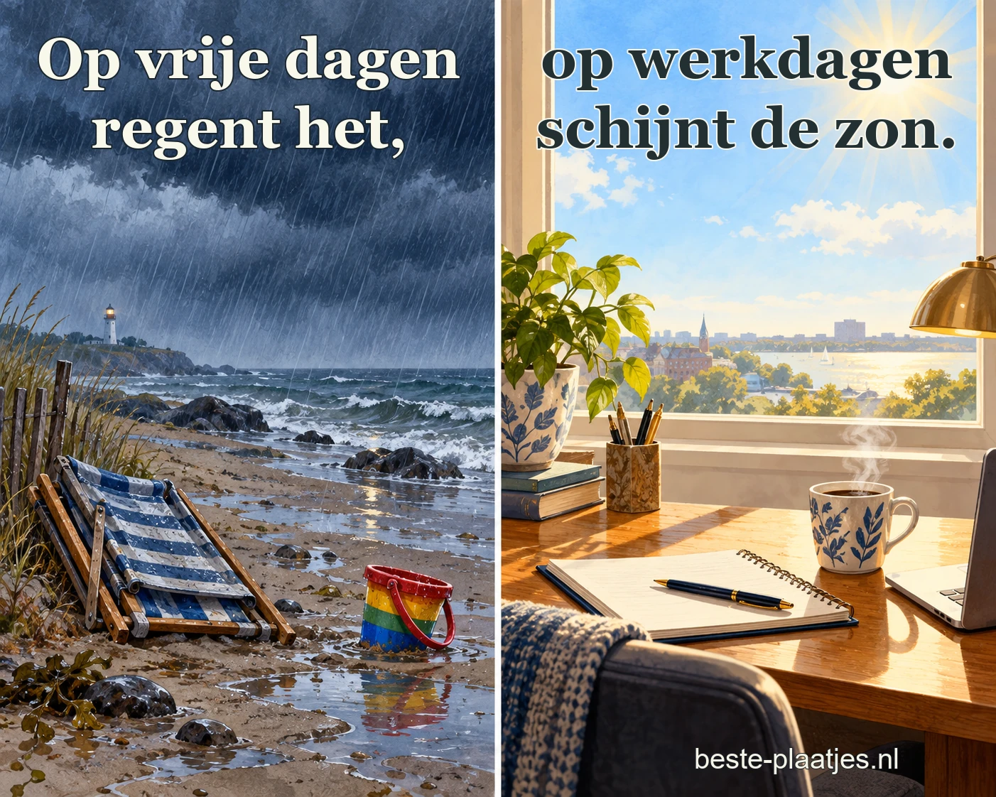 Een regenachtig vakantiestrand staat naast een zonnige werkplek. Een regenachtig vakantiestrand staat naast een zonnige werkplek.