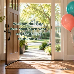 Een open voordeur en gekleurde ballonnen zorgen voor een feestelijk welkom.