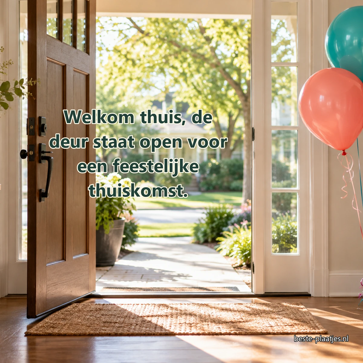 Een open voordeur en gekleurde ballonnen zorgen voor een feestelijk welkom.