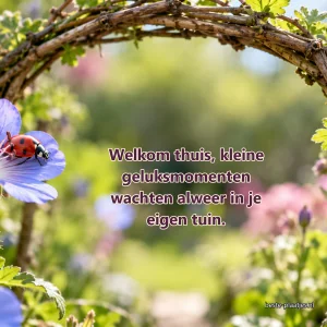 Een lieveheersbeestje rust op een blauwe bloem onder een takkenboog.