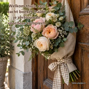 Een linnen boeket met rozen hangt aan een verweerde houten voordeur.