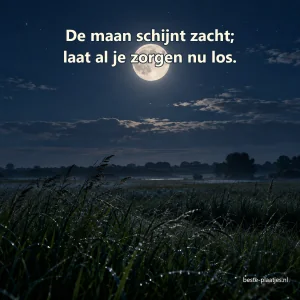 De volle maan schijnt boven donkere weidegrassen met dauw.