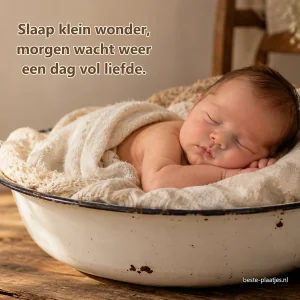 Een pasgeboren baby slaapt veilig in een gevoerde emaille schaal.