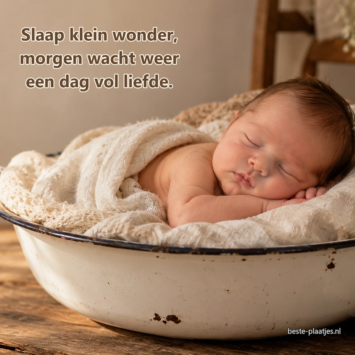 Een pasgeboren baby slaapt veilig in een gevoerde emaille schaal.