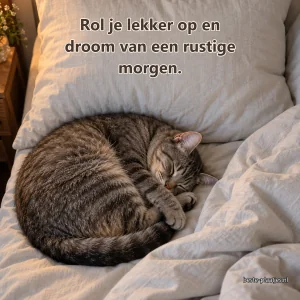 Een grijze kat ligt opgerold te slapen op een linnen kussen.