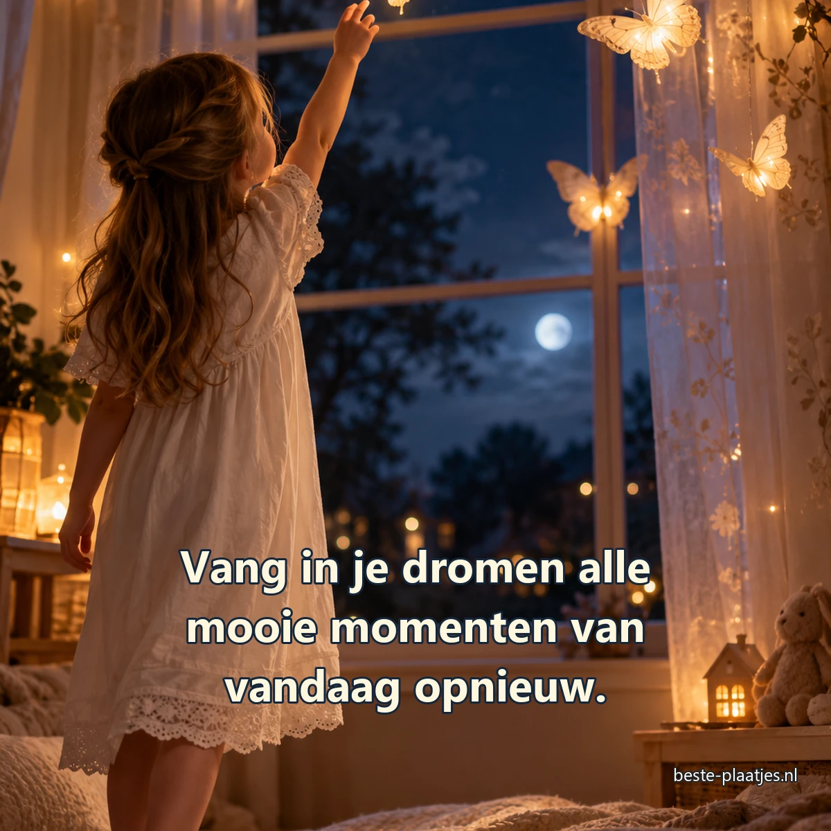Een kind raakt papieren vlinders aan bij een verlicht slaapkamerraam.