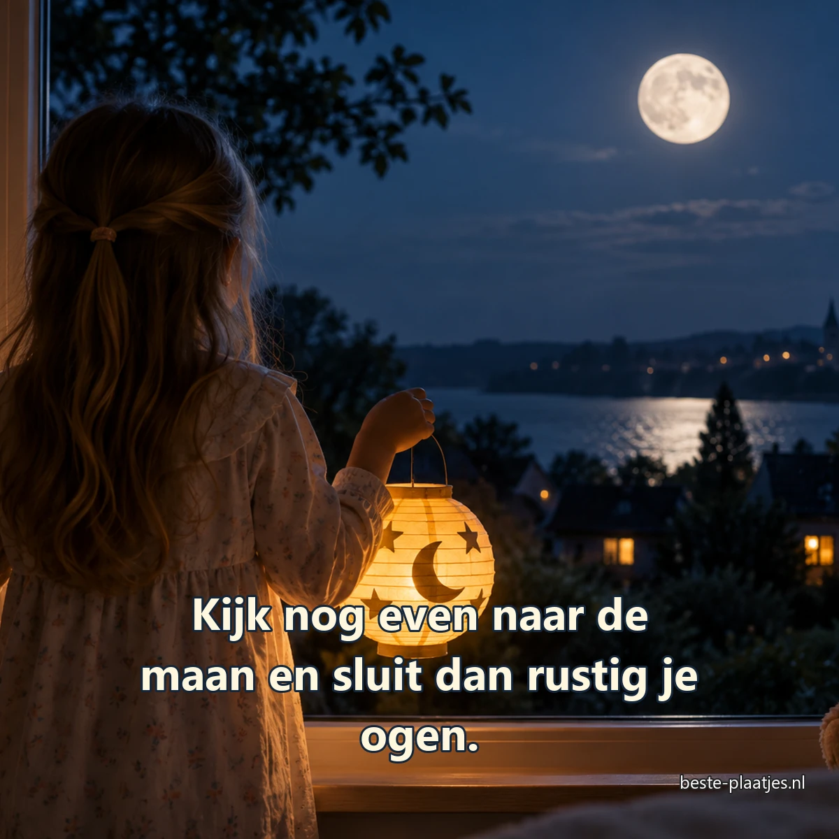 Een kind kijkt met een papieren maanlamp naar de volle maan buiten.