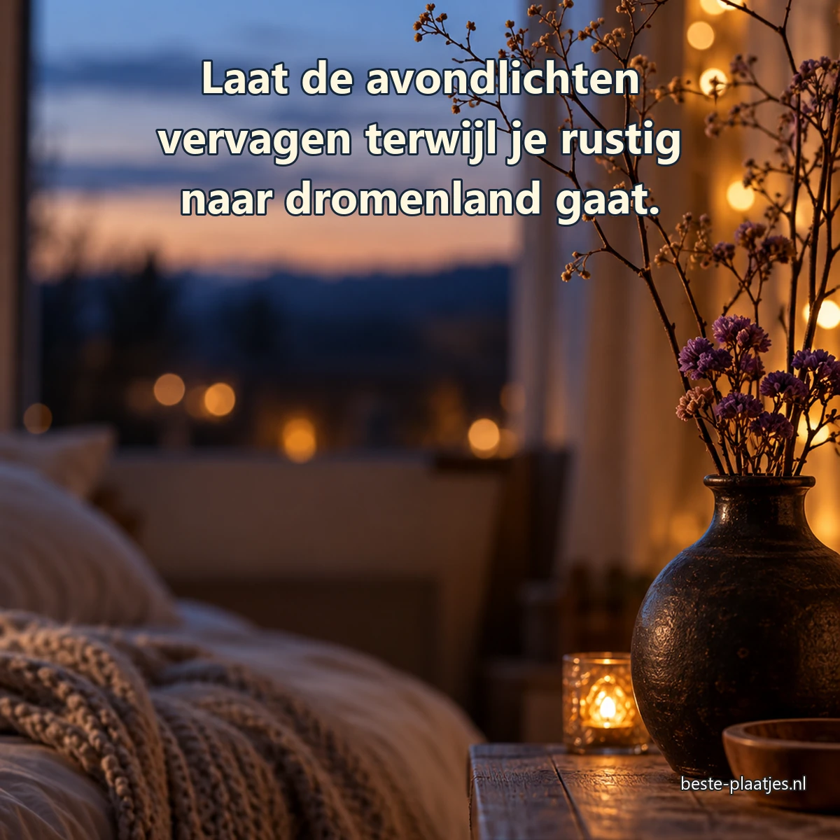 Een donkere vaas met takken staat bij een raam tijdens de schemering.