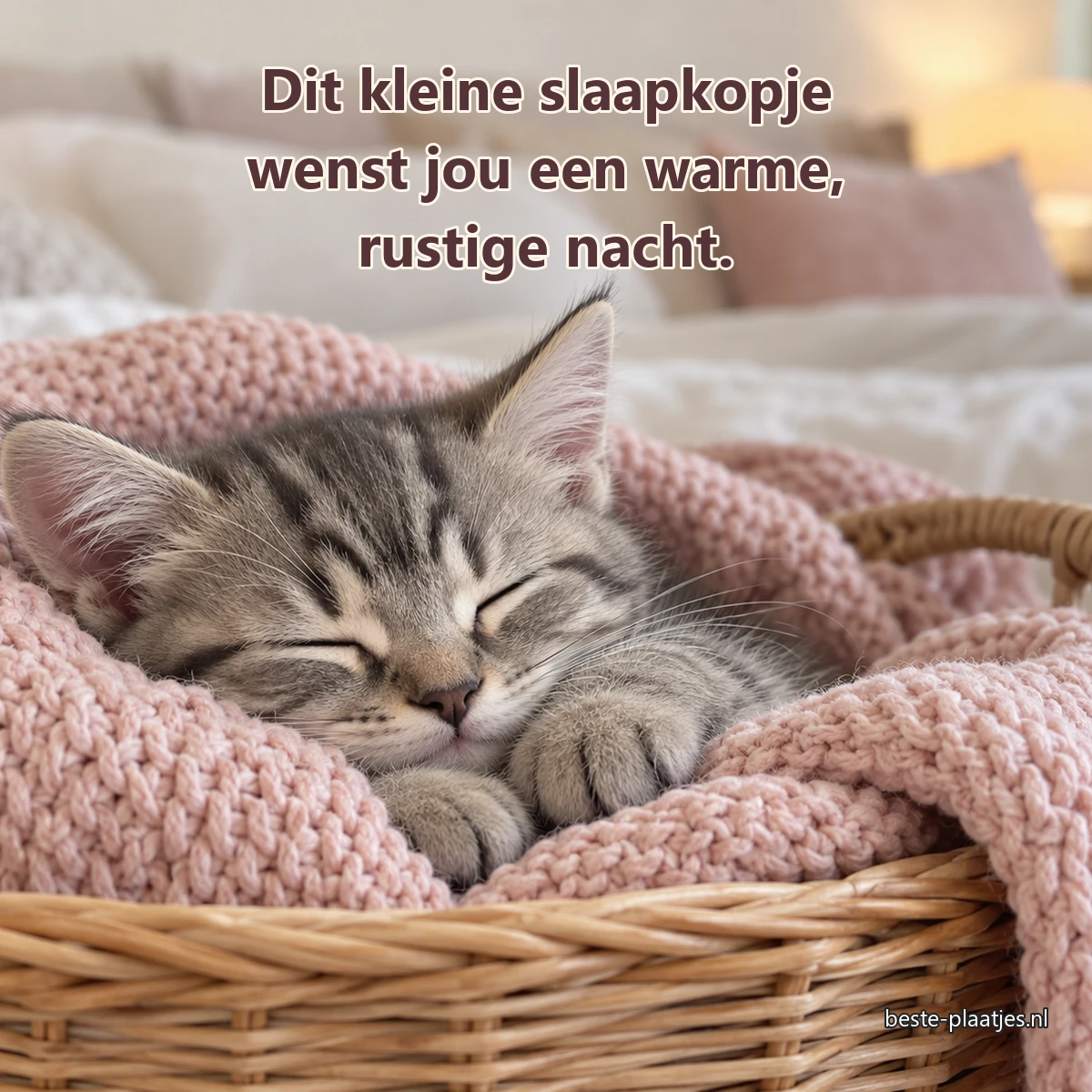 Een grijze kitten slaapt onder een roze deken in een lage mand.