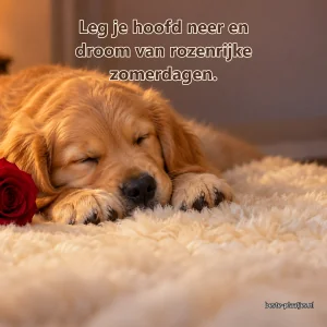 Een golden retrieverpup slaapt op een kleed naast een rode roos.
