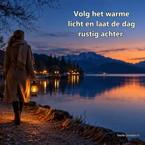 Een vrouw wandelt met een lantaarn langs een stil meer bij schemering.