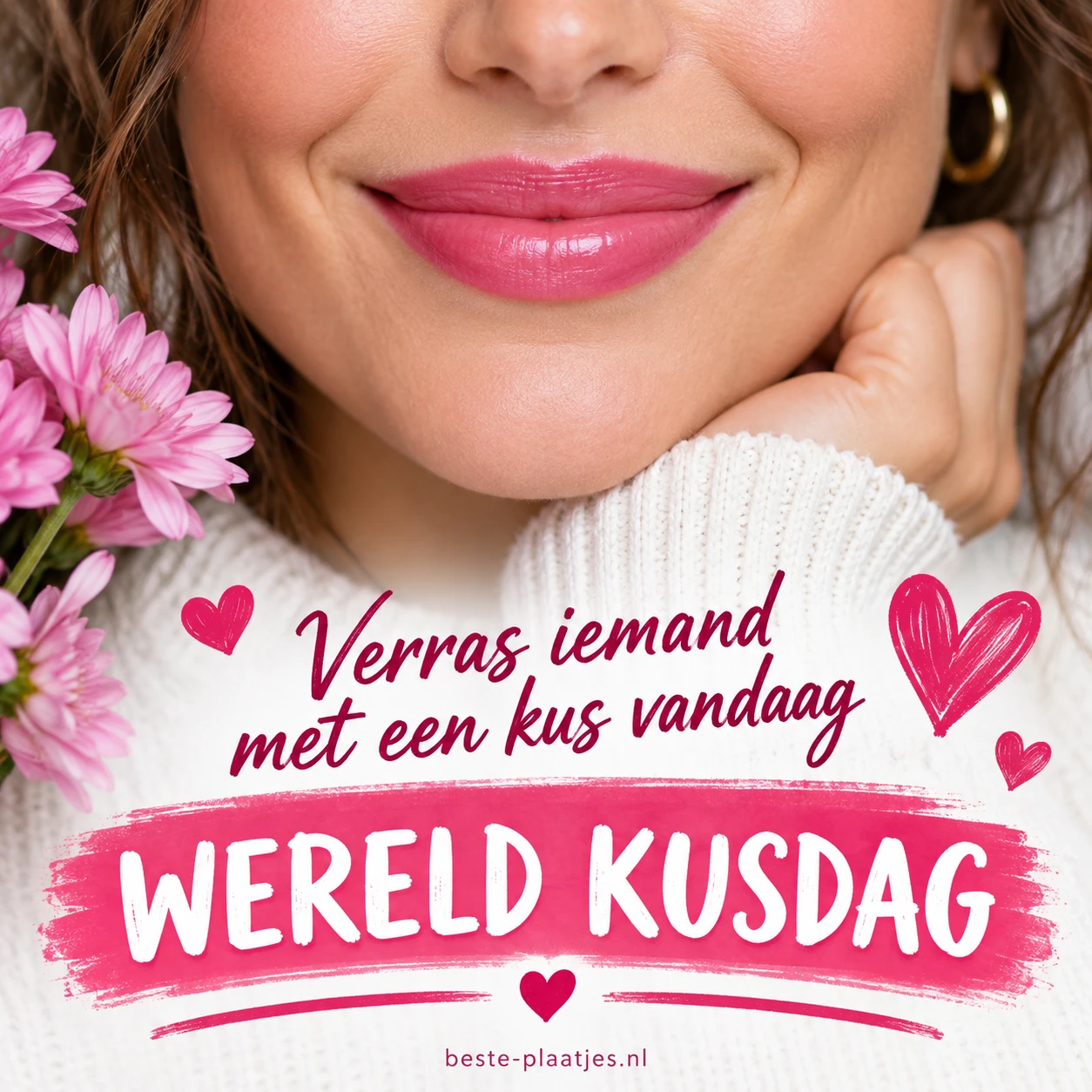 Een glimlach met roze lippenstift staat tussen bloemen en hartjes. Een glimlach met roze lippenstift staat tussen bloemen en hartjes.