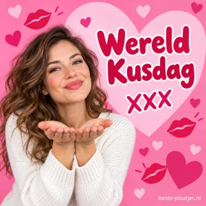 Een glimlachende vrouw houdt haar handen op voor een roze hartjesachtergrond.
