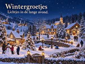 Een besneeuwd dorp met warme ramen en winterpret brengt een avondgroet.
