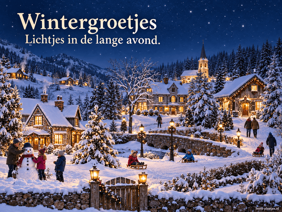 Een besneeuwd dorp met warme ramen en winterpret brengt een avondgroet. Een besneeuwd dorp met warme ramen en winterpret brengt een avondgroet.