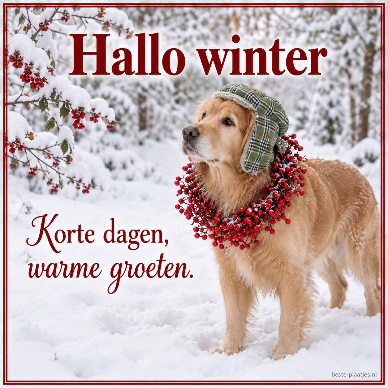Een hond in een besneeuwd bos brengt een warme wintergroet. Een hond in een besneeuwd bos brengt een warme wintergroet.