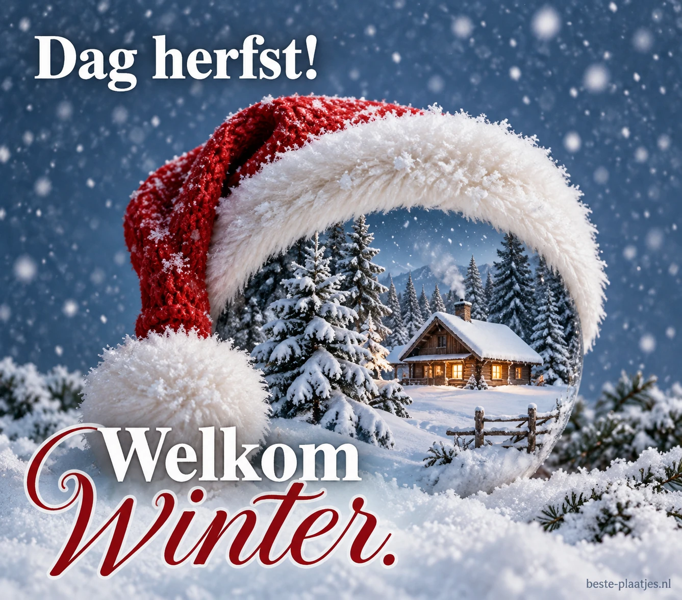 Een besneeuwd huisje in een decoratief mutsenkader verwelkomt de winter. Een besneeuwd huisje in een decoratief mutsenkader verwelkomt de winter.